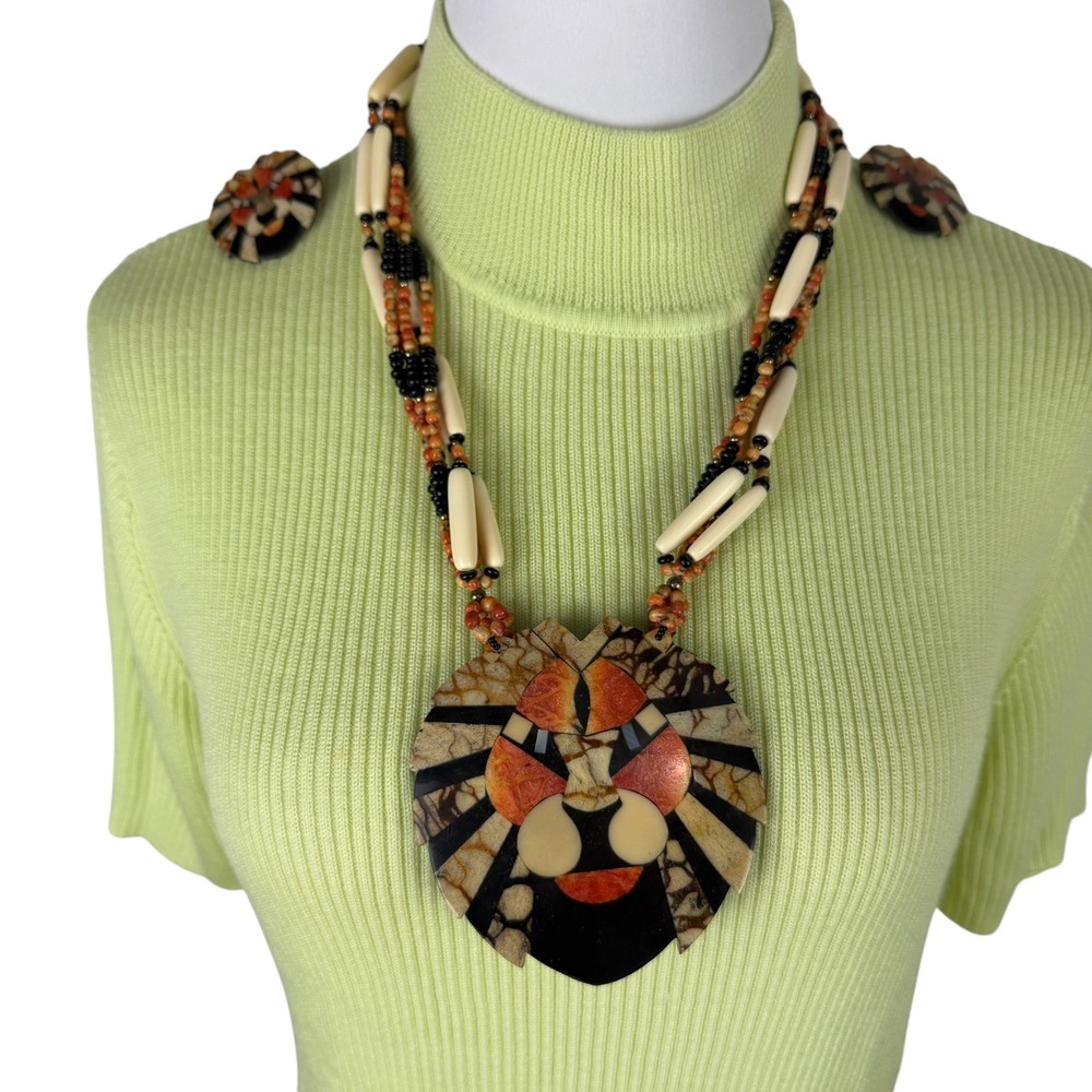 Vintage Lee Sands African Arts Lion Head Statement Necklace & Earrings Set‎
